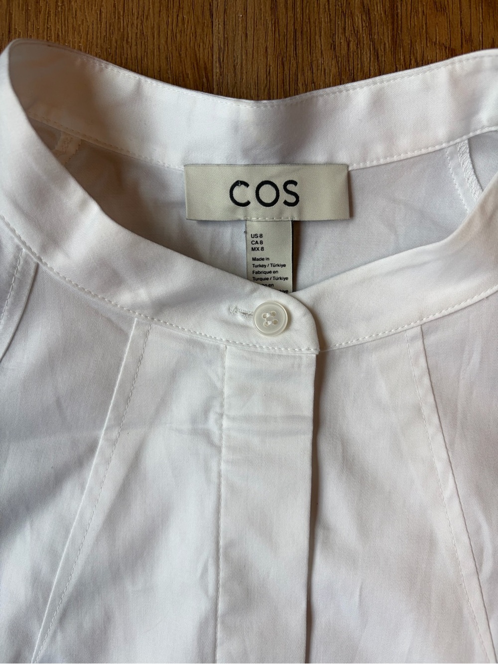COS Puff Sleeve Blouse White Cotton Poplin Hidden Placket Band Collar US 8 - Picture 4 of 9